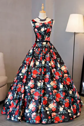 A-Line Crew Sweep Train Navy Blue Printed Satin Sleeveless Prom Dress LRA205