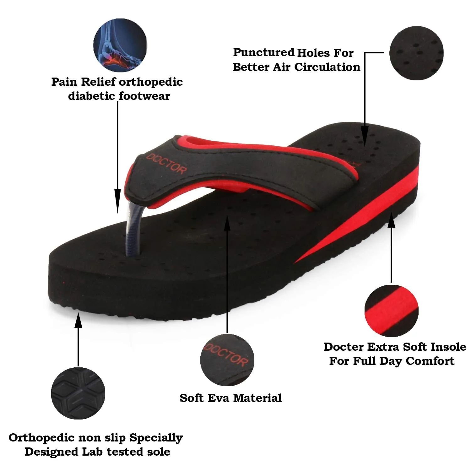 DOCTOR EXTRA SOFT Care Diabetic Orthopedic Pregnancy Flat Super Comfort Dr Flipflops and House Slippers For Women's and Girl's D-18-Black Red-8 UK