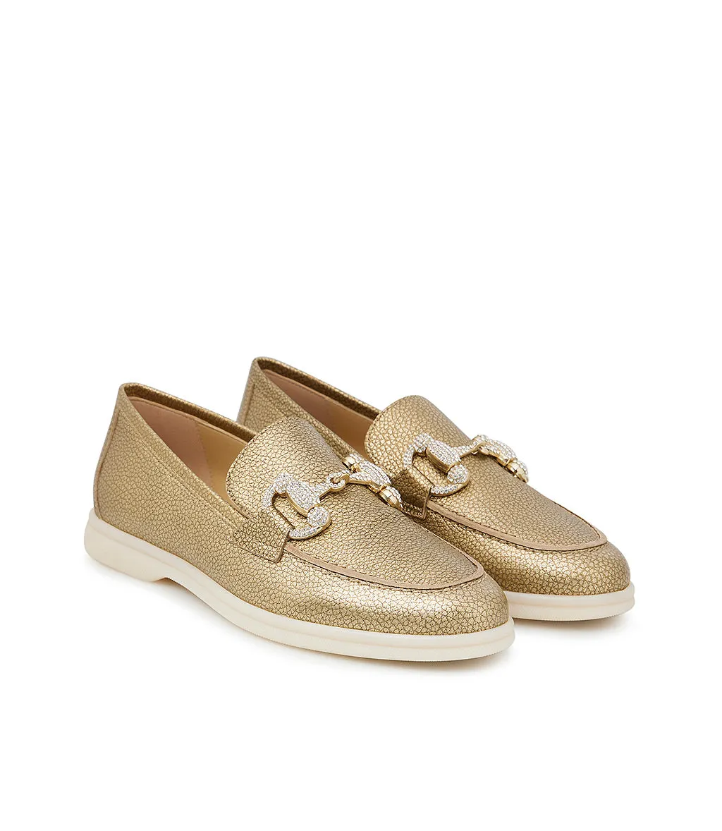 Jewel-buckle bronze leather loafers
