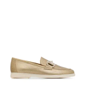 Jewel-buckle bronze leather loafers