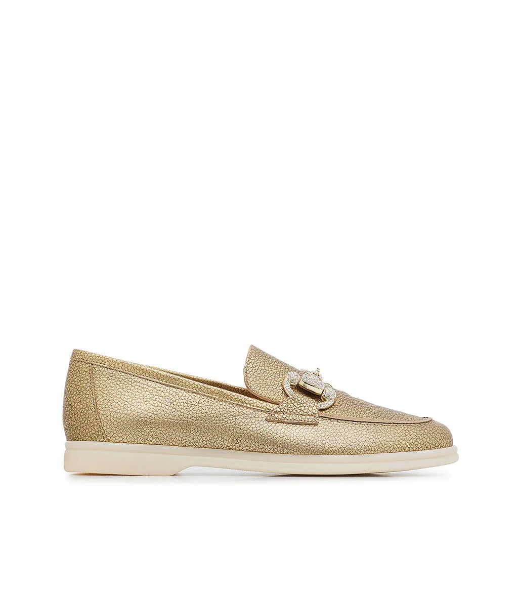 Jewel-buckle bronze leather loafers
