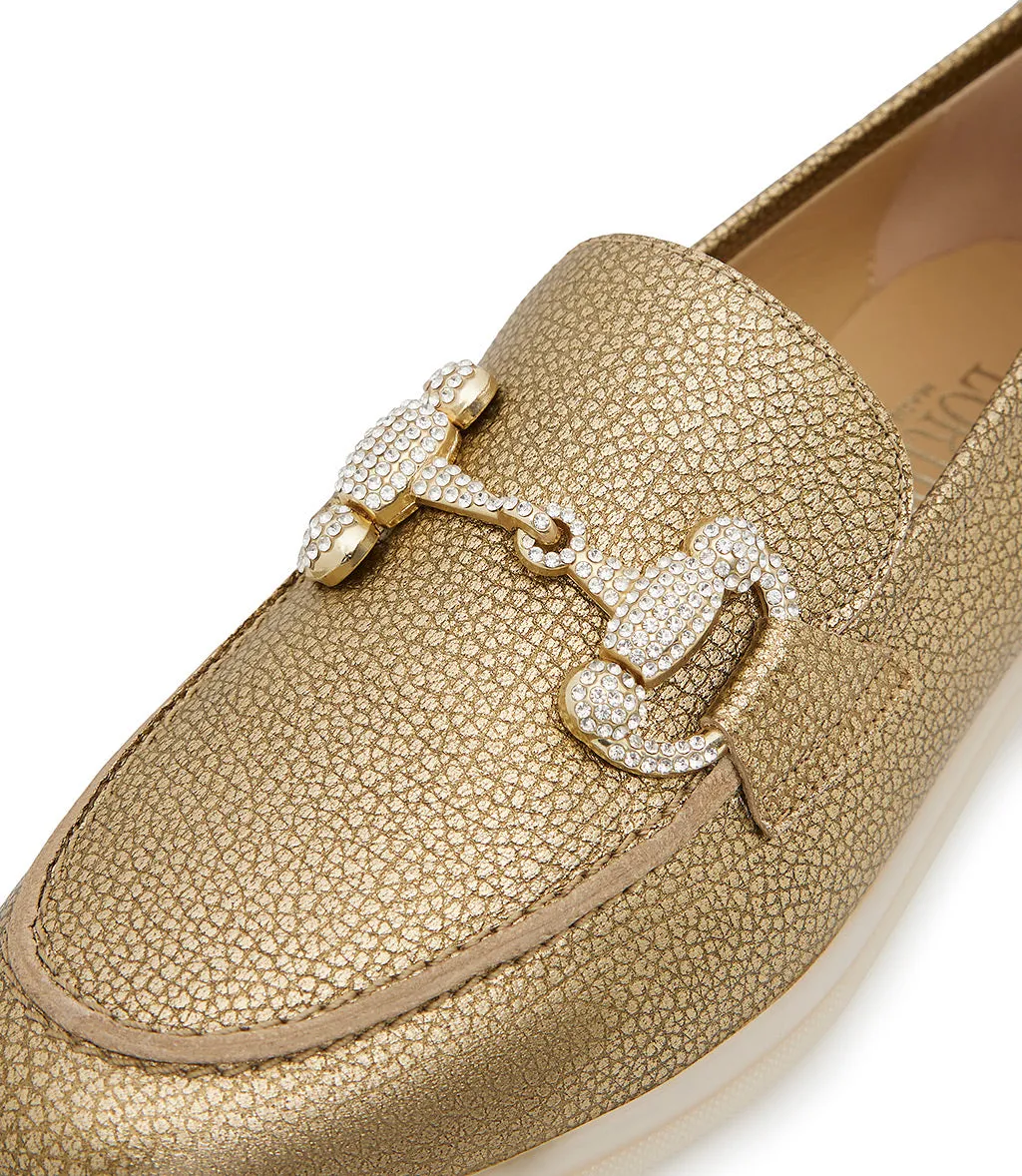 Jewel-buckle bronze leather loafers