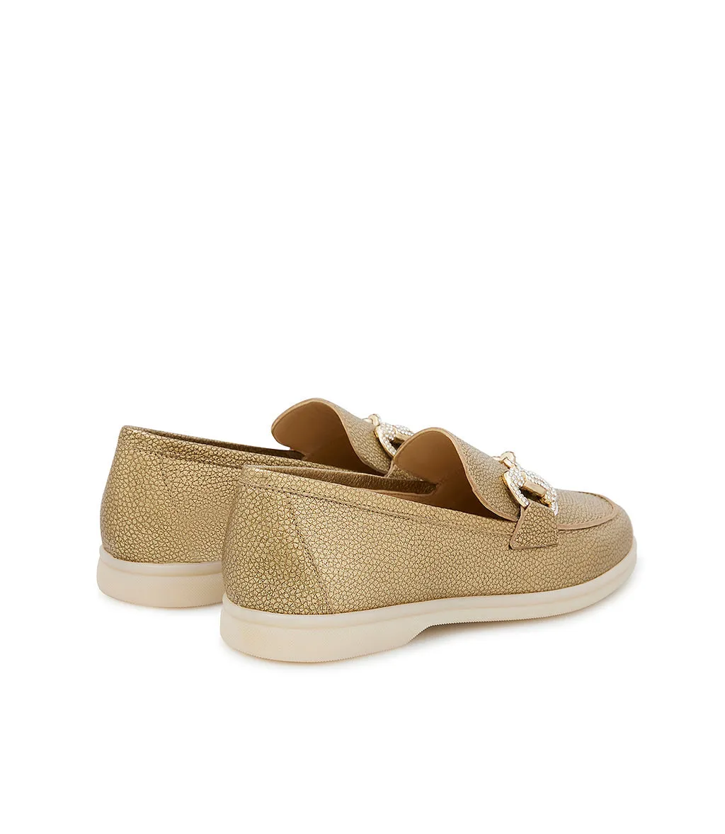 Jewel-buckle bronze leather loafers