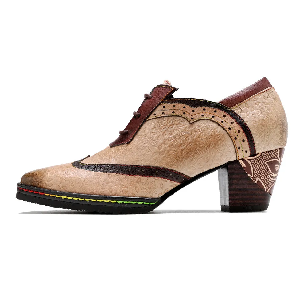 Leather Old Retro Style Contrasting Colors Brock Casual Women's Thick Heels High Heels
