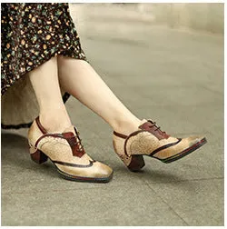 Leather Old Retro Style Contrasting Colors Brock Casual Women's Thick Heels High Heels