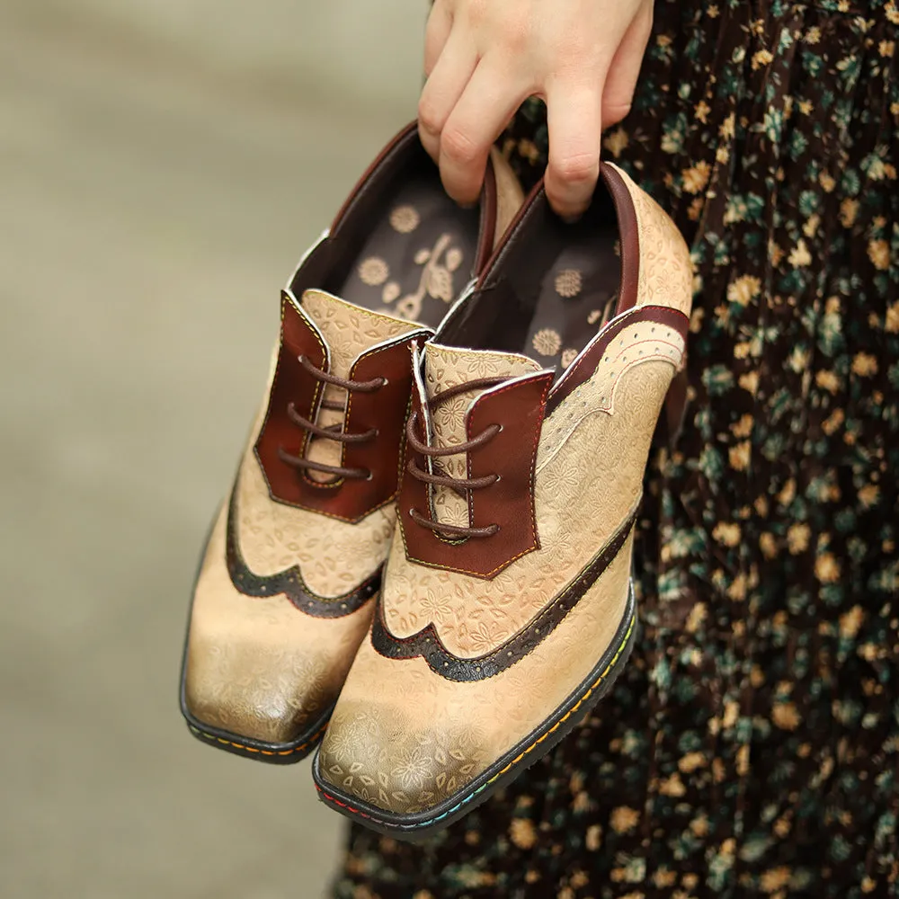 Leather Old Retro Style Contrasting Colors Brock Casual Women's Thick Heels High Heels