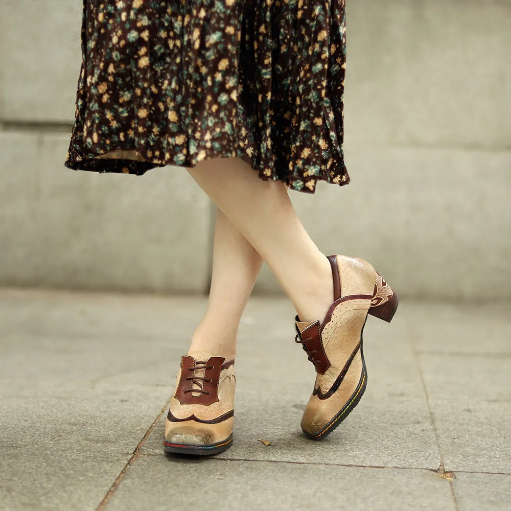 Leather Old Retro Style Contrasting Colors Brock Casual Women's Thick Heels High Heels