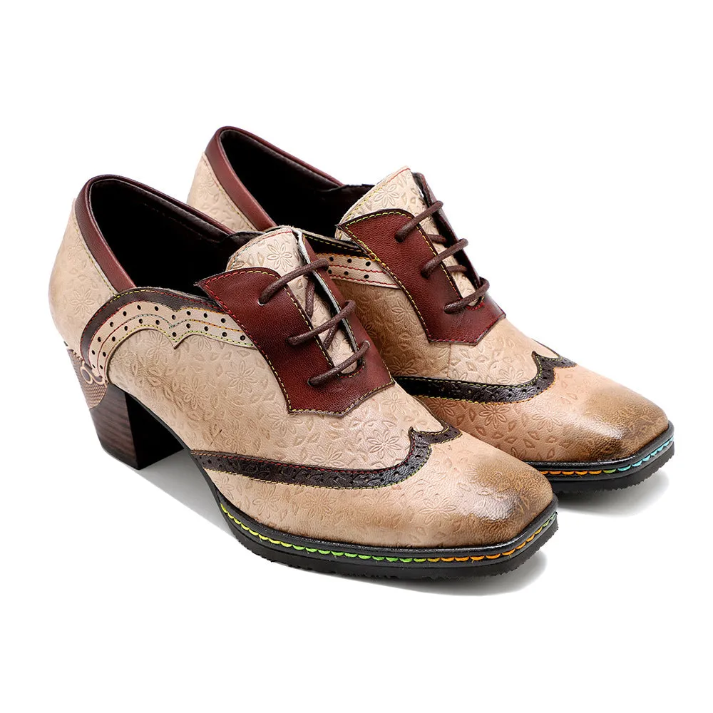 Leather Old Retro Style Contrasting Colors Brock Casual Women's Thick Heels High Heels