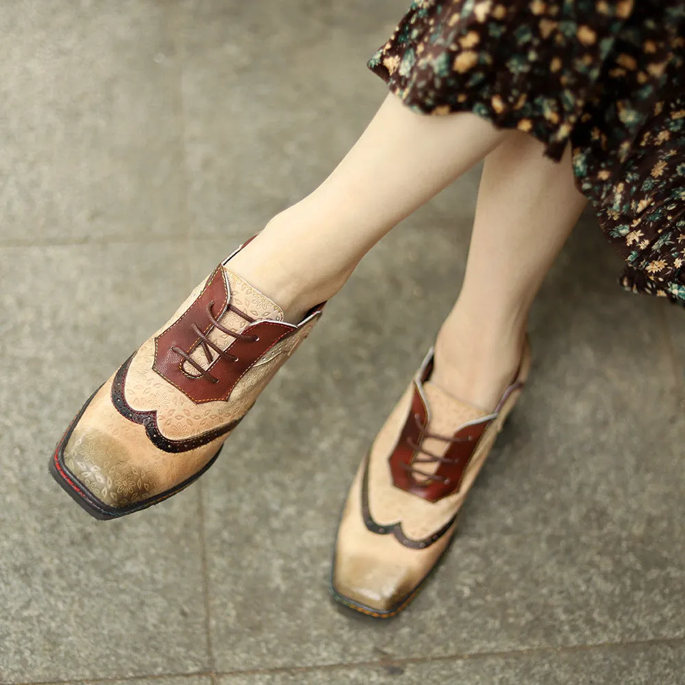 Leather Old Retro Style Contrasting Colors Brock Casual Women's Thick Heels High Heels
