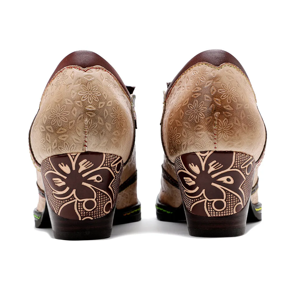 Leather Old Retro Style Contrasting Colors Brock Casual Women's Thick Heels High Heels