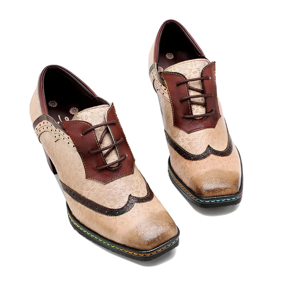Leather Old Retro Style Contrasting Colors Brock Casual Women's Thick Heels High Heels