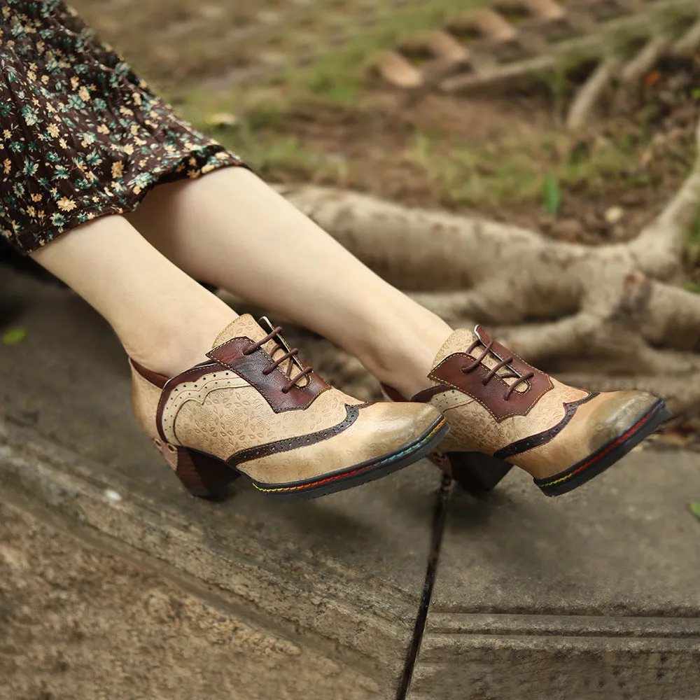 Leather Old Retro Style Contrasting Colors Brock Casual Women's Thick Heels High Heels