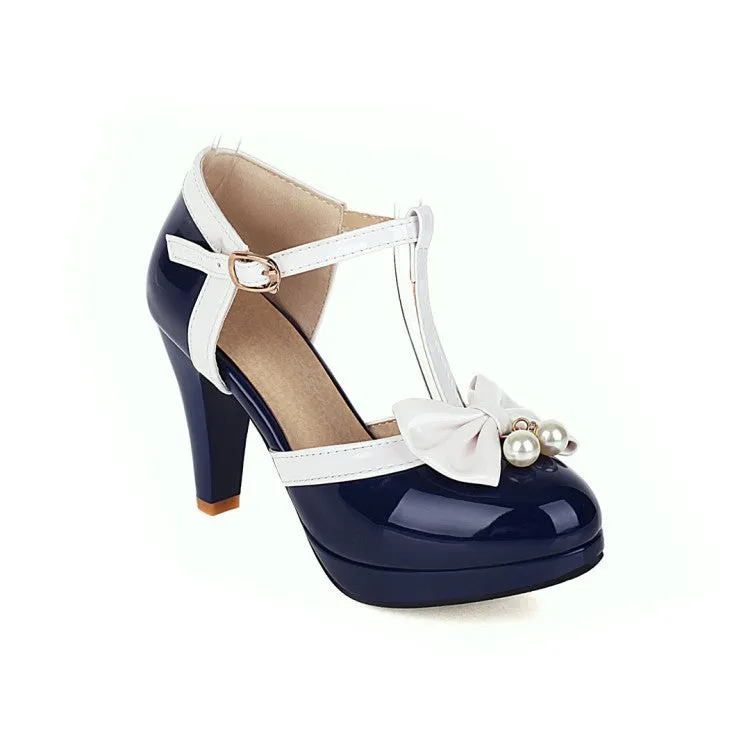 Mary Jane Bow Imitation Pearl Thick High Heel Buckle Retro Elegant Women's Shoes