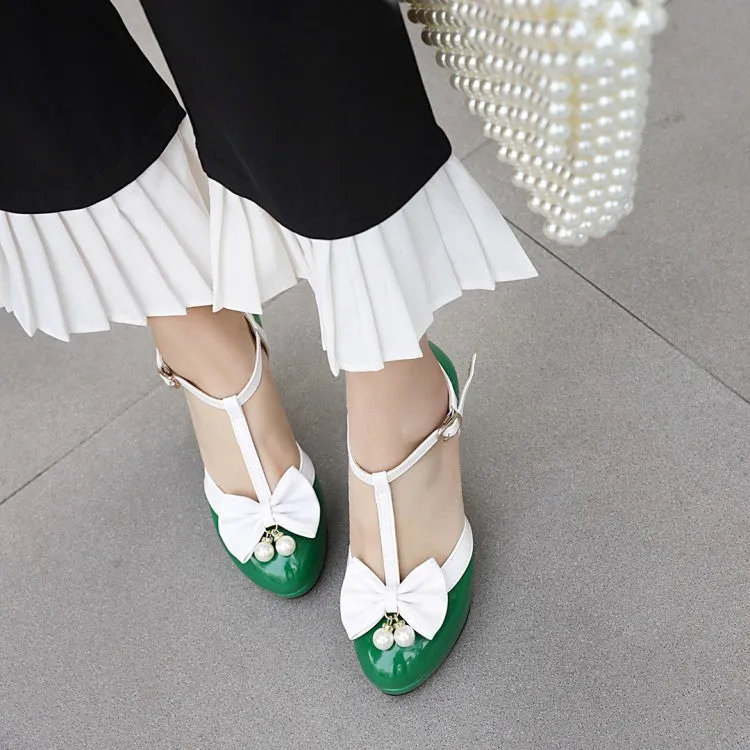Mary Jane Bow Imitation Pearl Thick High Heel Buckle Retro Elegant Women's Shoes