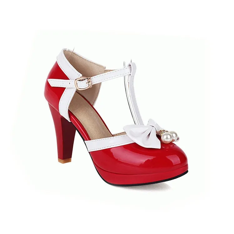 Mary Jane Bow Imitation Pearl Thick High Heel Buckle Retro Elegant Women's Shoes