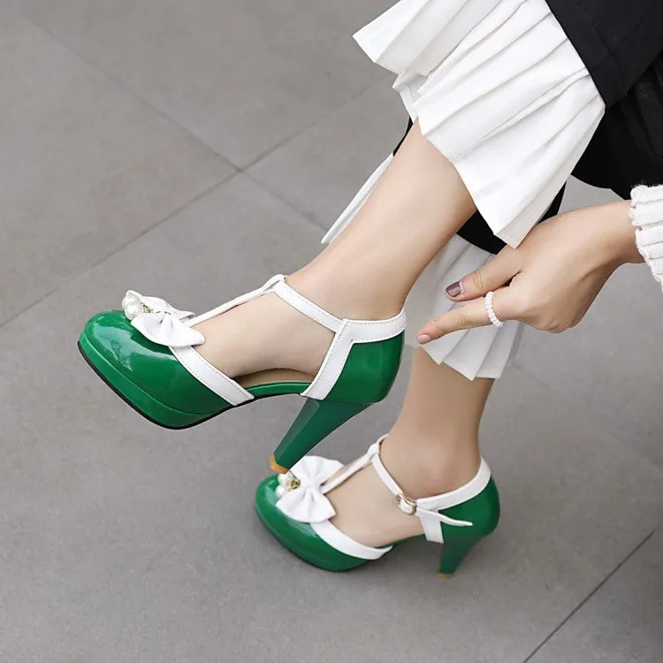Mary Jane Bow Imitation Pearl Thick High Heel Buckle Retro Elegant Women's Shoes