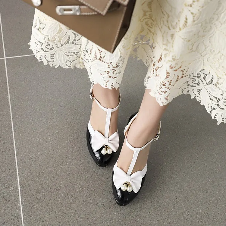 Mary Jane Bow Imitation Pearl Thick High Heel Buckle Retro Elegant Women's Shoes