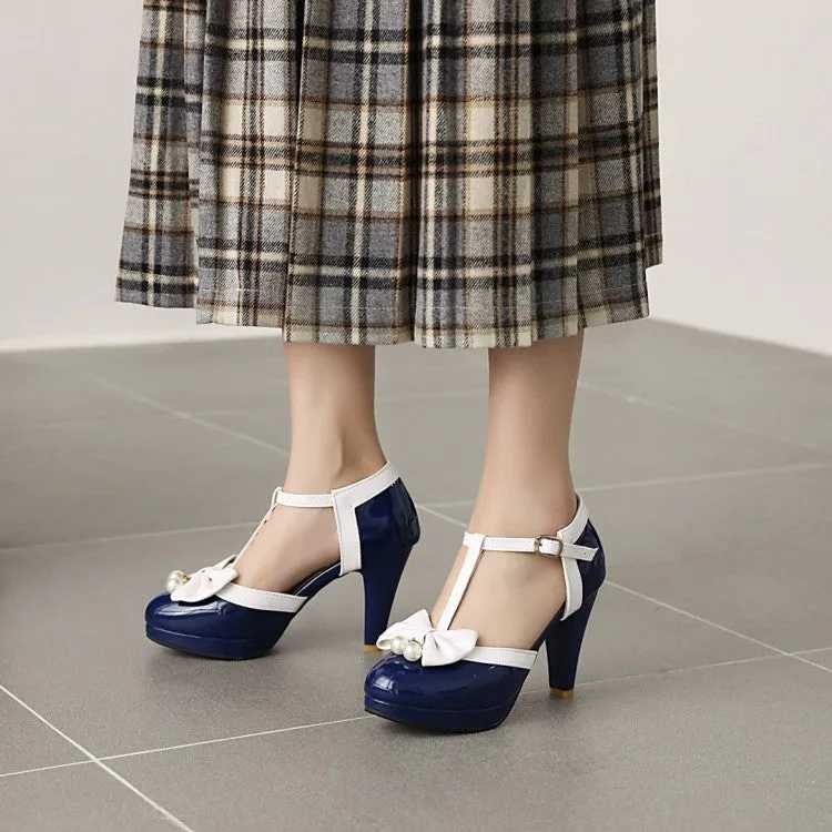 Mary Jane Bow Imitation Pearl Thick High Heel Buckle Retro Elegant Women's Shoes