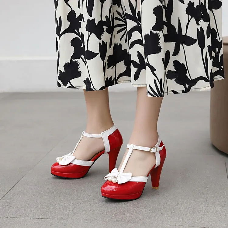 Mary Jane Bow Imitation Pearl Thick High Heel Buckle Retro Elegant Women's Shoes