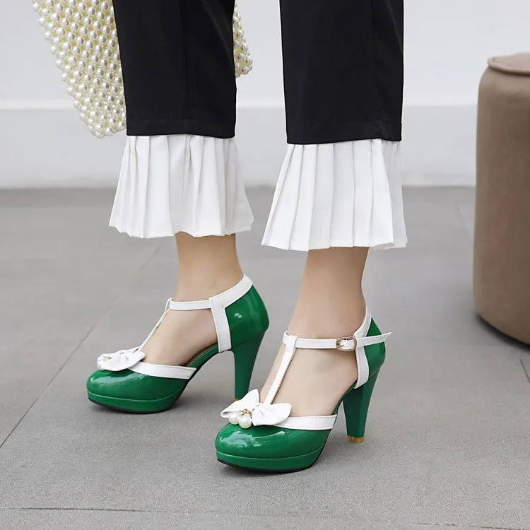 Mary Jane Bow Imitation Pearl Thick High Heel Buckle Retro Elegant Women's Shoes