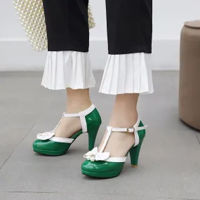 Mary Jane Bow Imitation Pearl Thick High Heel Buckle Retro Elegant Women's Shoes