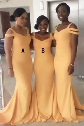 Mermaid V-Neck Sweep Train Yellow Satin Cold Shoulder Bridesmaid Dress AHC625