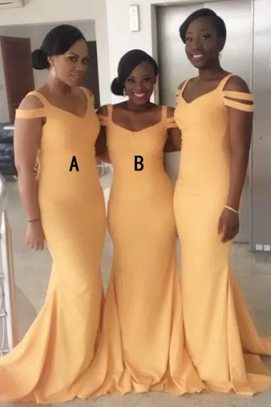 Mermaid V-Neck Sweep Train Yellow Satin Cold Shoulder Bridesmaid Dress AHC625