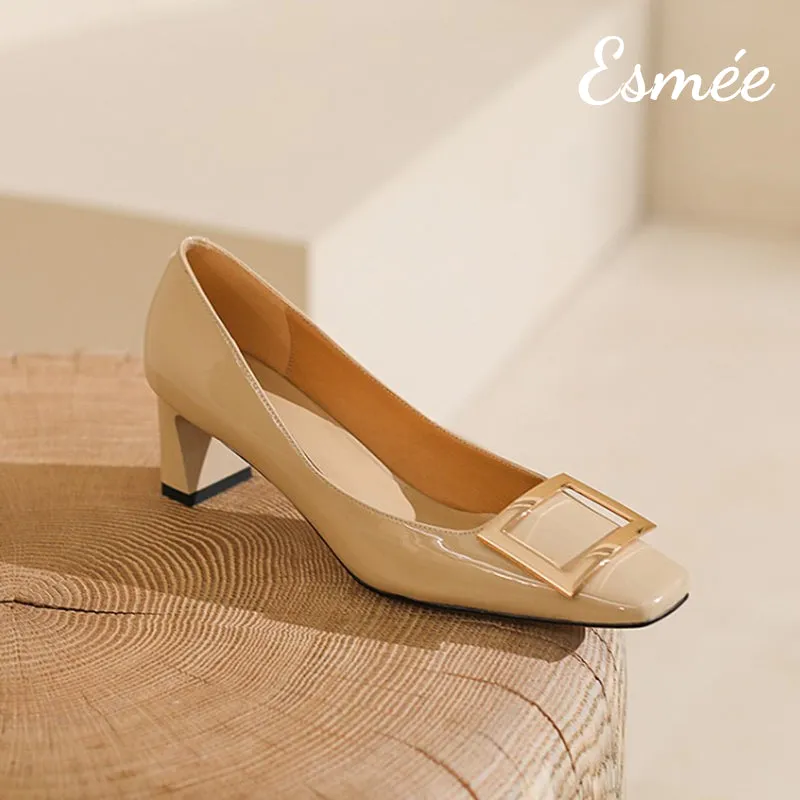 Patent Leather 5.5 cm High Heels with Metal Buckle
