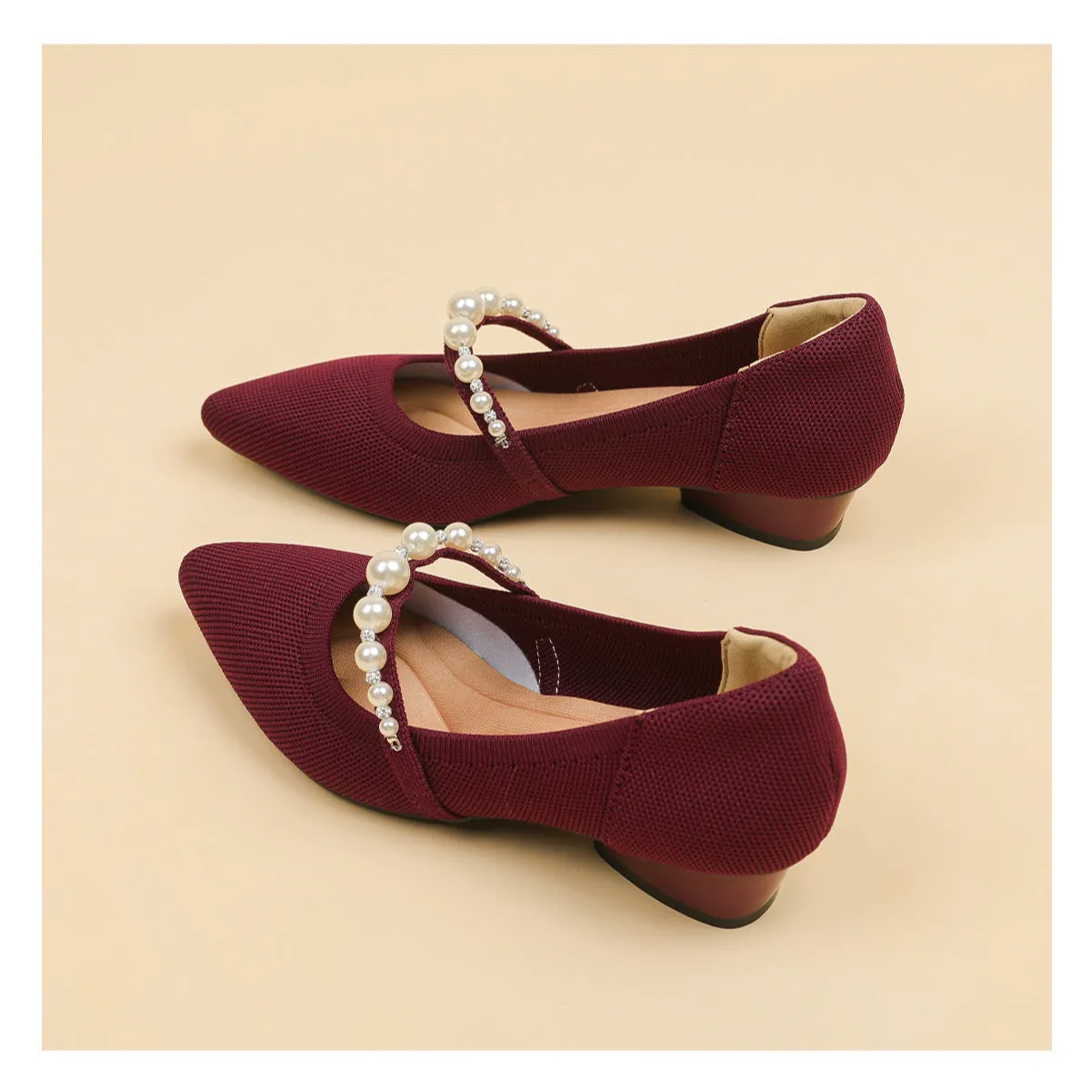 Pointed Head Pearl Instep Casual Solid Color Love Thick Middle Heel Shoes