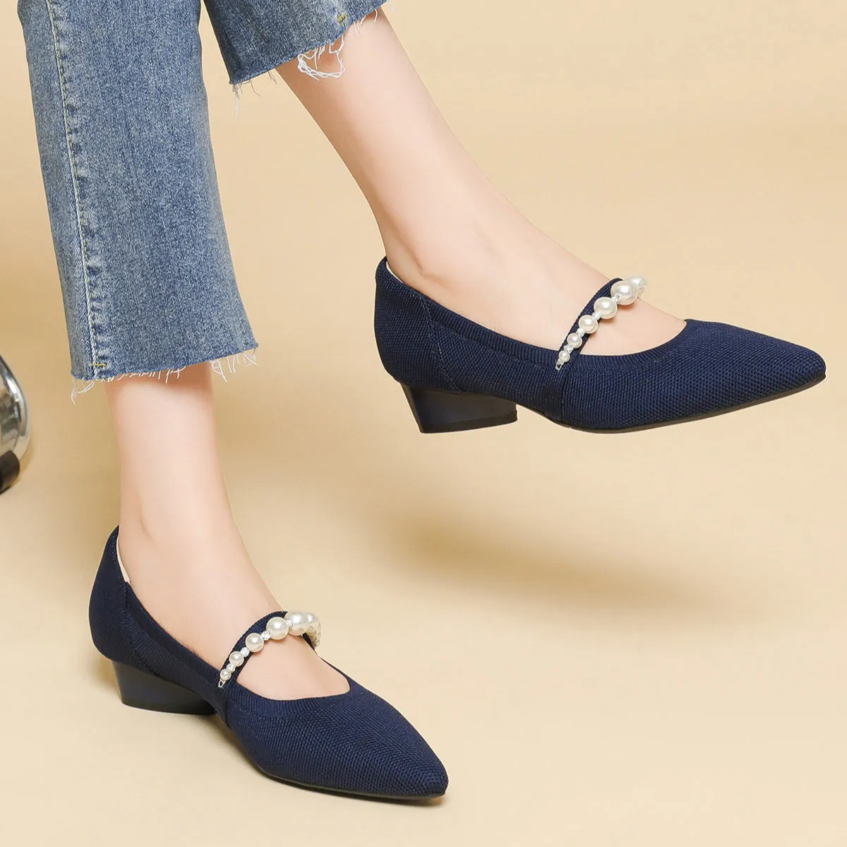 Pointed Head Pearl Instep Casual Solid Color Love Thick Middle Heel Shoes