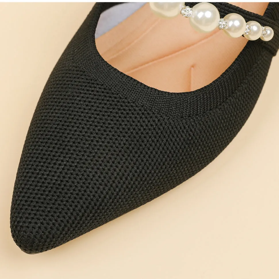 Pointed Head Pearl Instep Casual Solid Color Love Thick Middle Heel Shoes