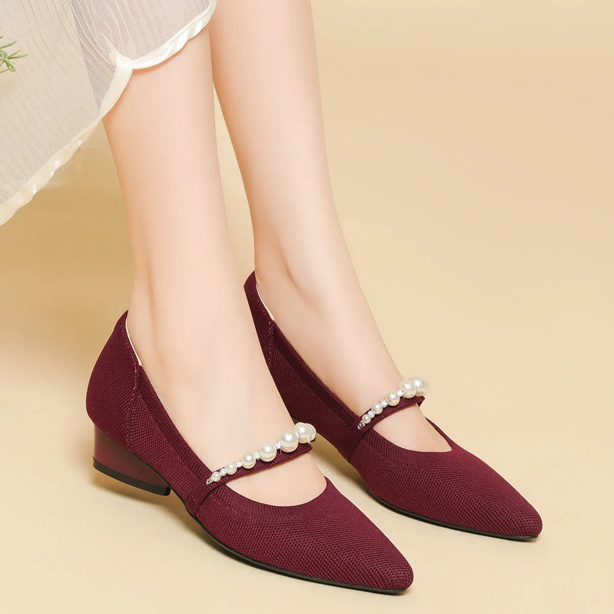 Pointed Head Pearl Instep Casual Solid Color Love Thick Middle Heel Shoes