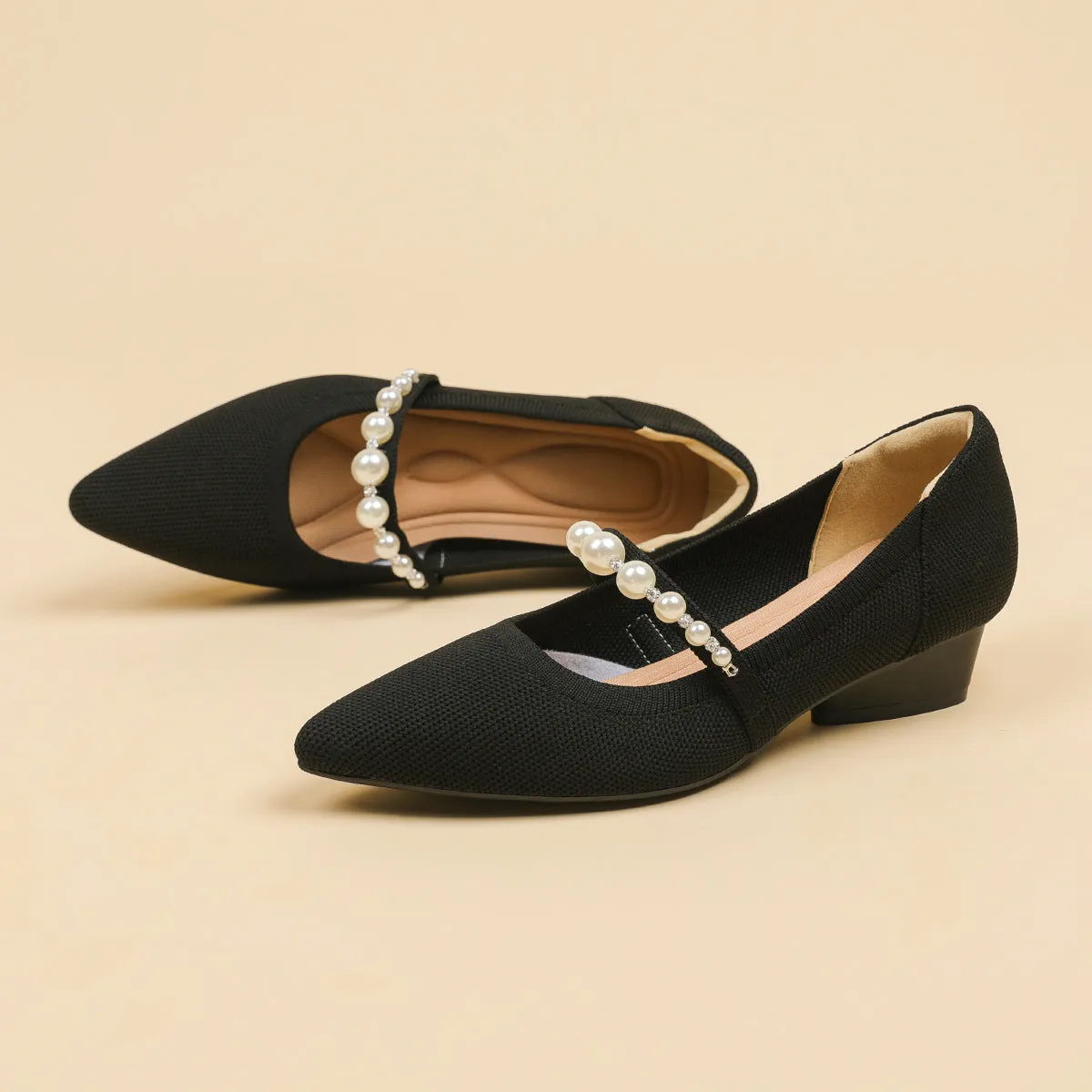 Pointed Head Pearl Instep Casual Solid Color Love Thick Middle Heel Shoes