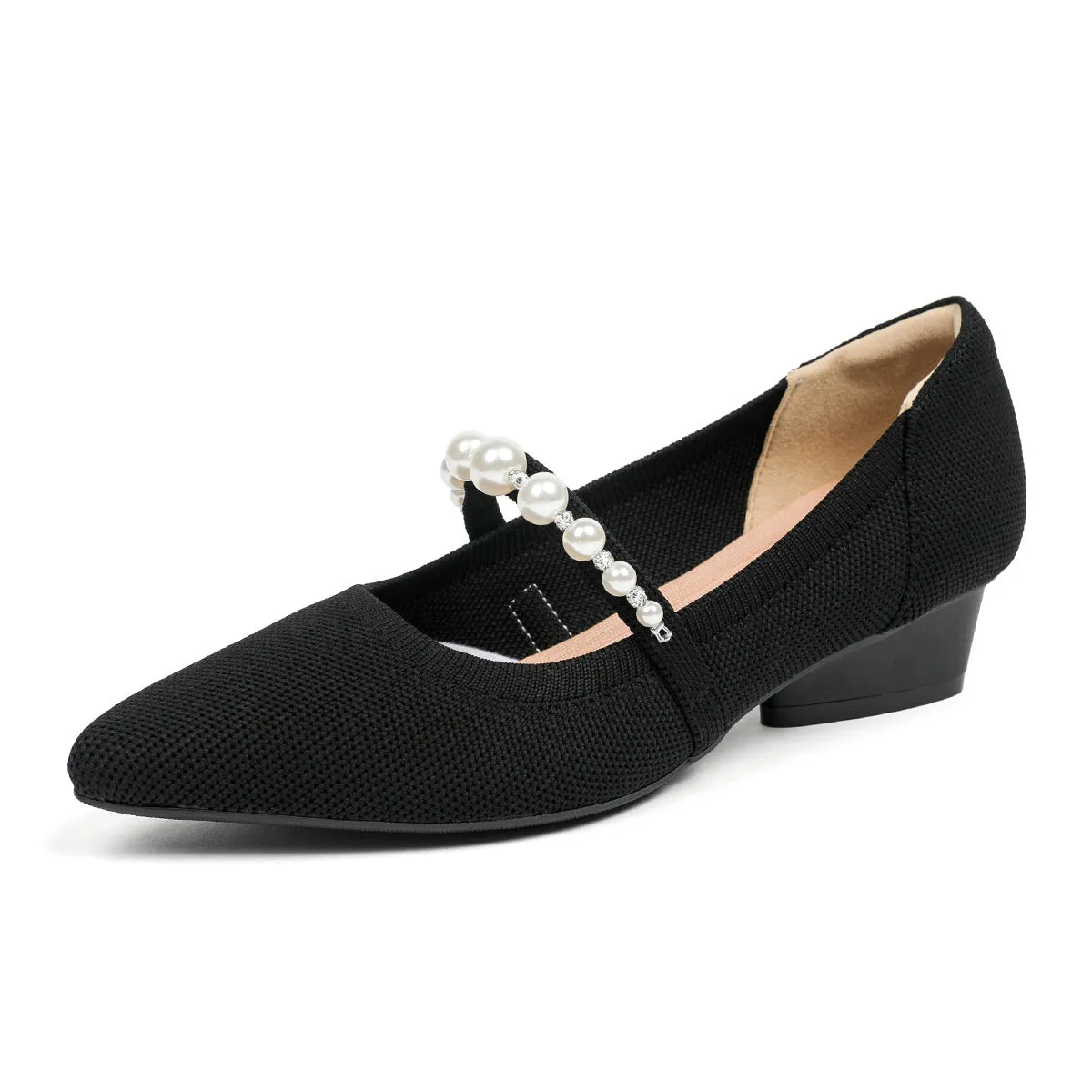 Pointed Head Pearl Instep Casual Solid Color Love Thick Middle Heel Shoes