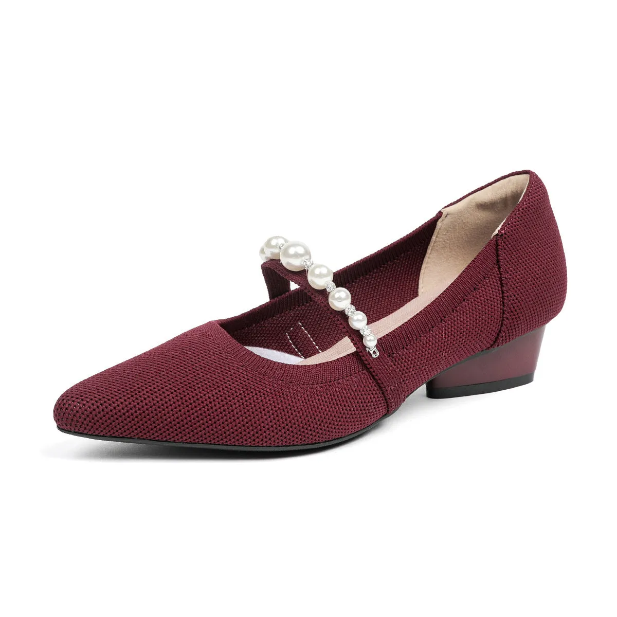 Pointed Head Pearl Instep Casual Solid Color Love Thick Middle Heel Shoes