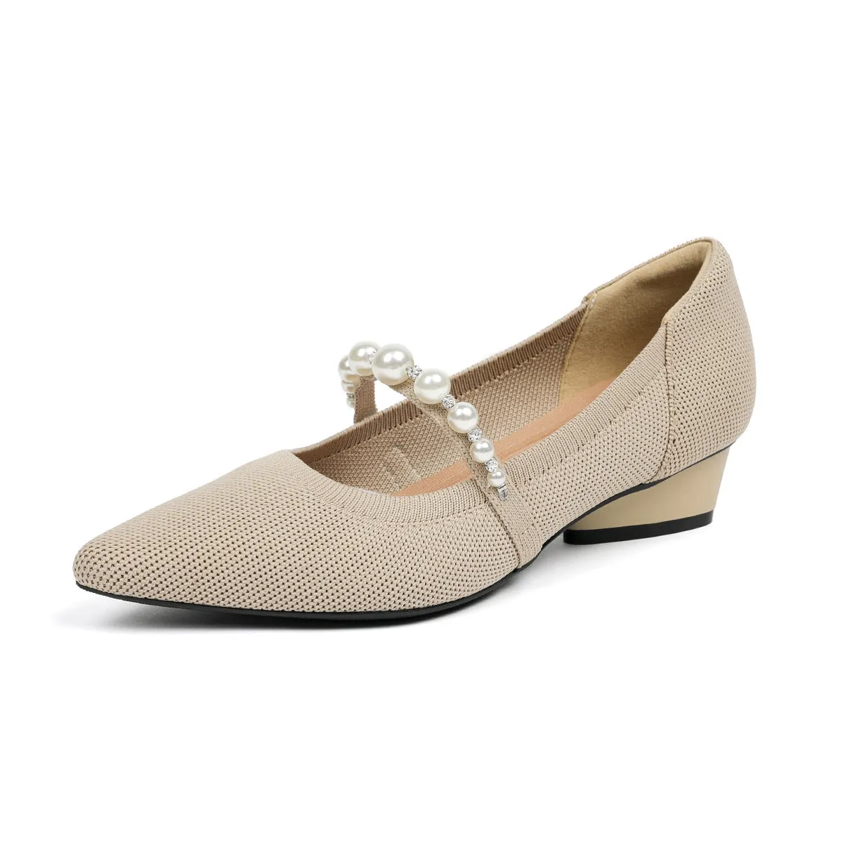 Pointed Head Pearl Instep Casual Solid Color Love Thick Middle Heel Shoes