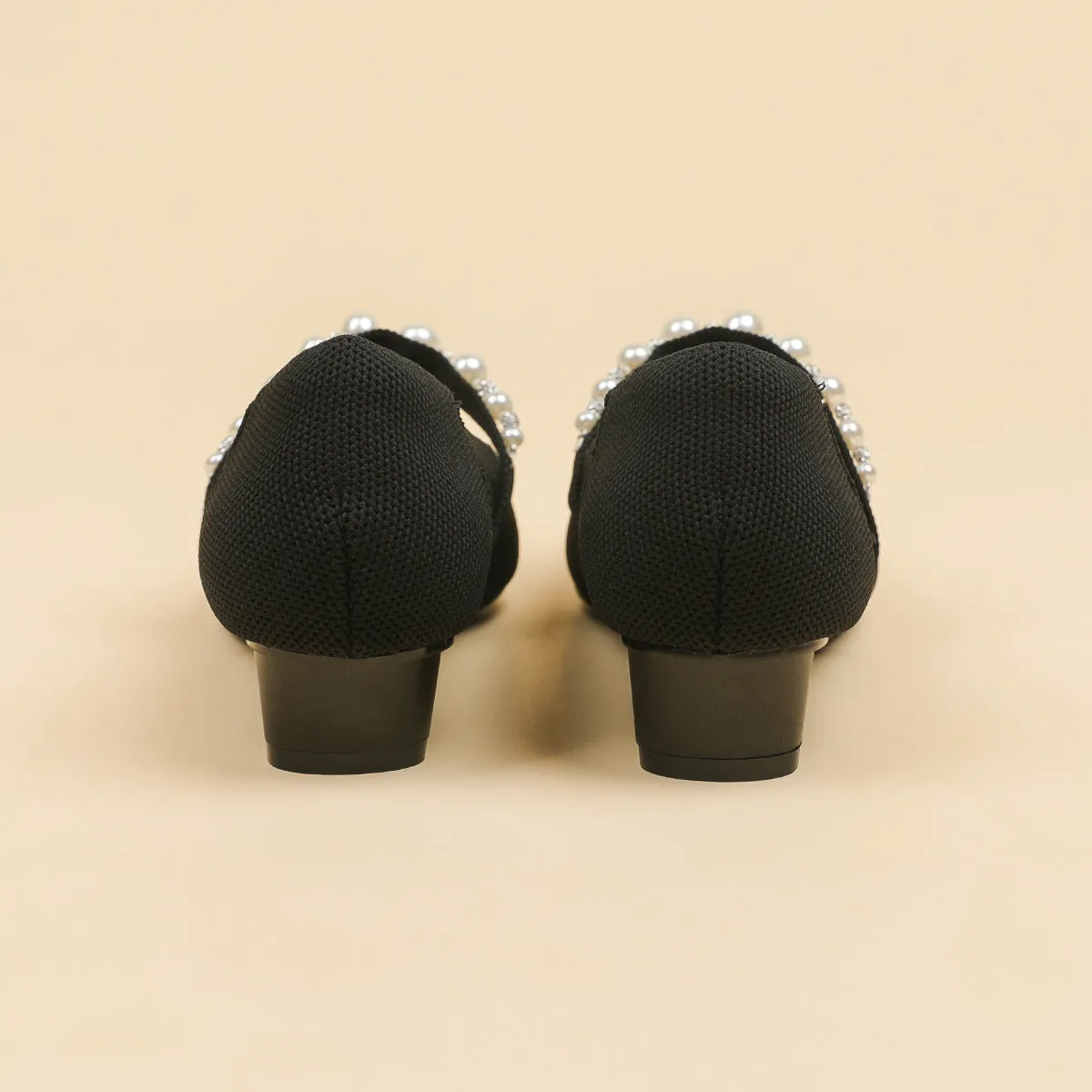 Pointed Head Pearl Instep Casual Solid Color Love Thick Middle Heel Shoes
