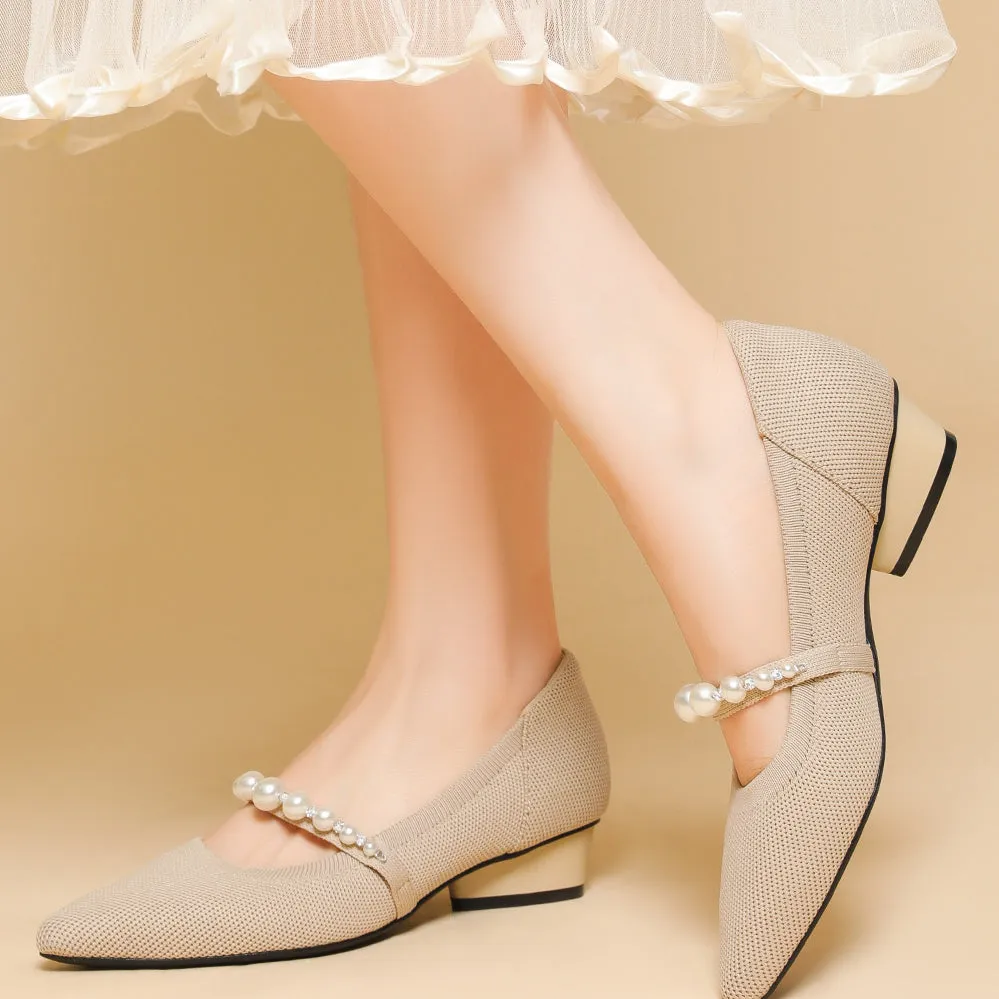 Pointed Head Pearl Instep Casual Solid Color Love Thick Middle Heel Shoes