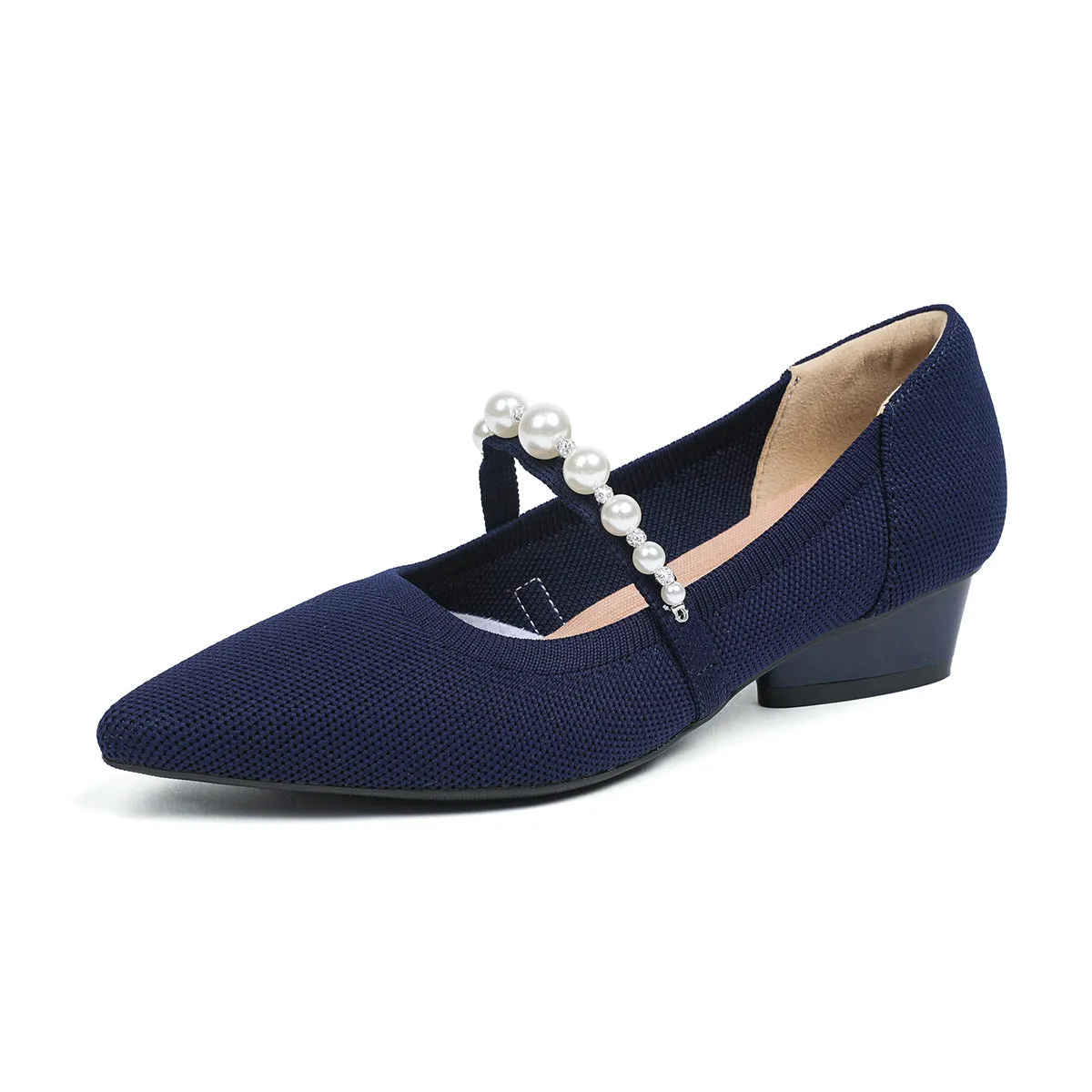 Pointed Head Pearl Instep Casual Solid Color Love Thick Middle Heel Shoes