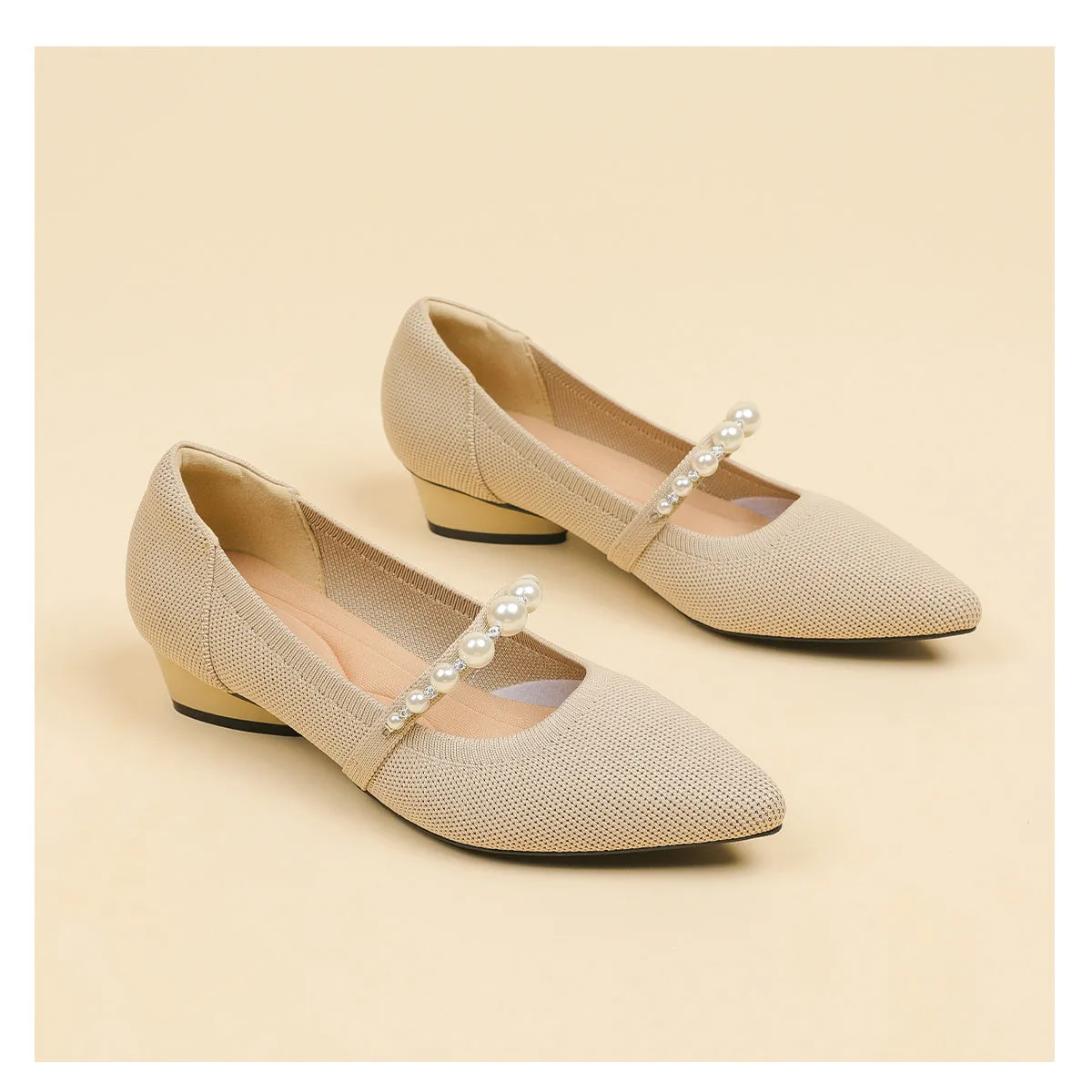 Pointed Head Pearl Instep Casual Solid Color Love Thick Middle Heel Shoes