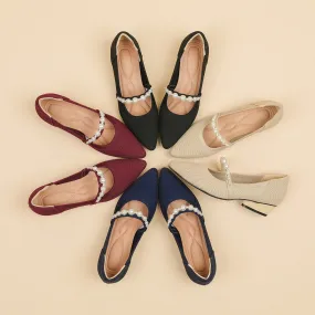 Pointed Head Pearl Instep Casual Solid Color Love Thick Middle Heel Shoes