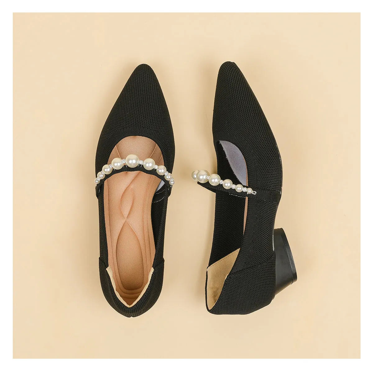 Pointed Head Pearl Instep Casual Solid Color Love Thick Middle Heel Shoes