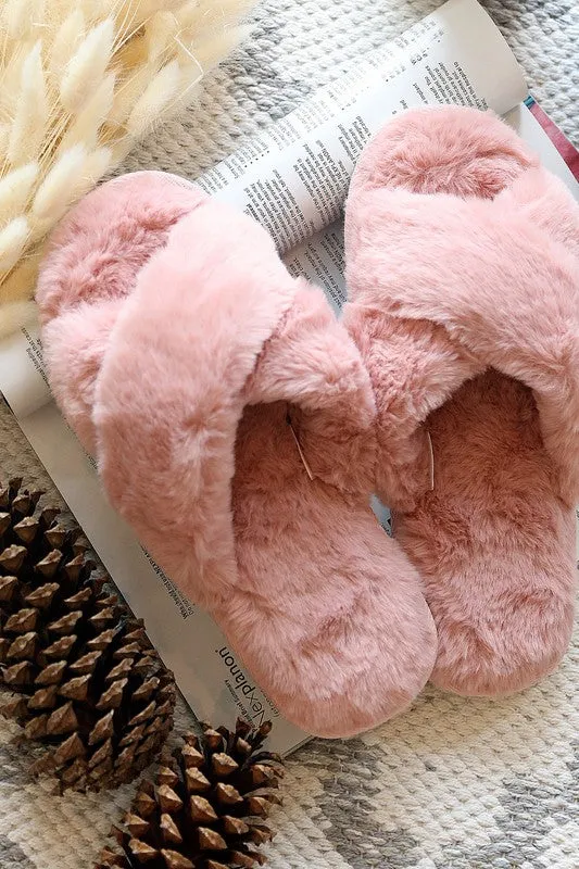 Super Soft Criss Cross Faux Fur Slippers- Final Sale
