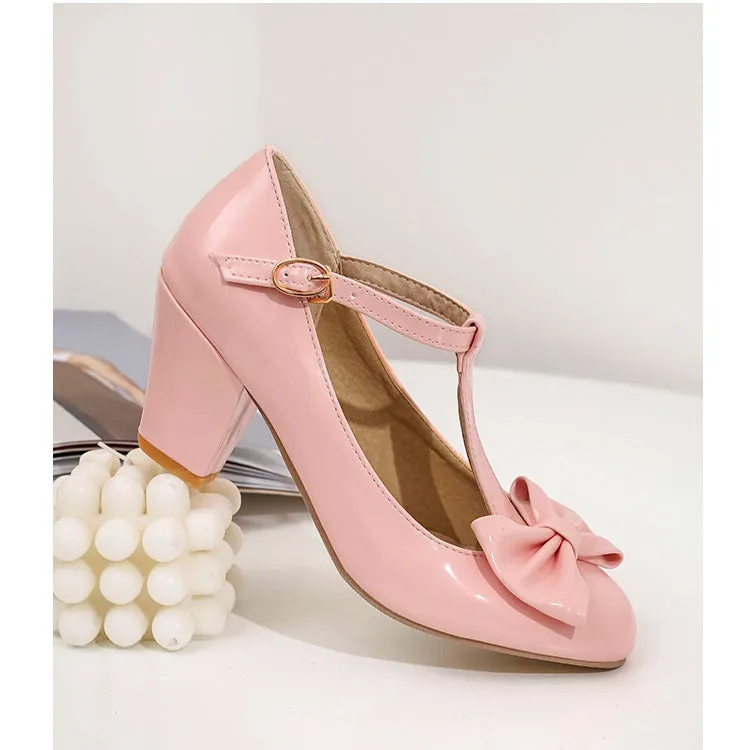 Sweet and Retro Chunky Heel Light Mouth T Strap Bow Elegant Heels