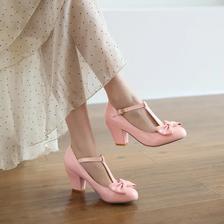 Sweet and Retro Chunky Heel Light Mouth T Strap Bow Elegant Heels