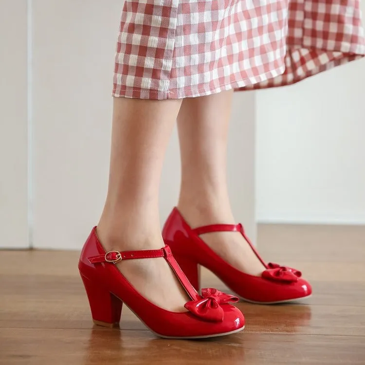 Sweet and Retro Chunky Heel Light Mouth T Strap Bow Elegant Heels