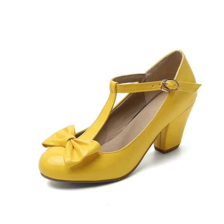 Sweet and Retro Chunky Heel Light Mouth T Strap Bow Elegant Heels