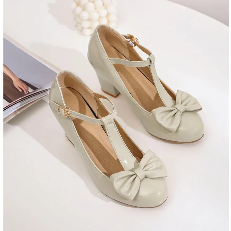 Sweet and Retro Chunky Heel Light Mouth T Strap Bow Elegant Heels