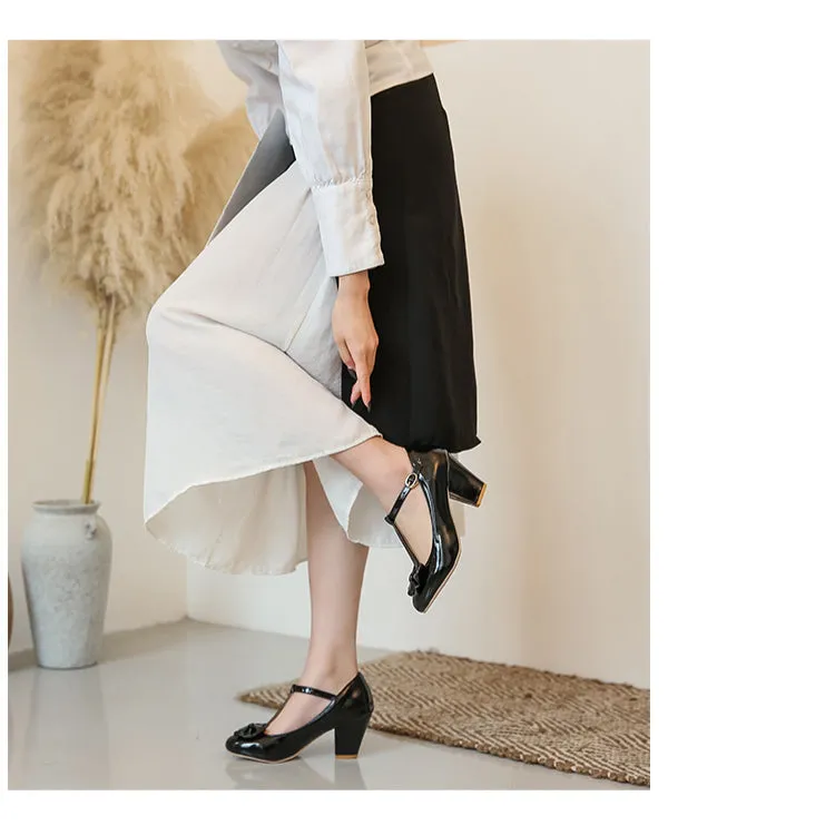 Sweet and Retro Chunky Heel Light Mouth T Strap Bow Elegant Heels