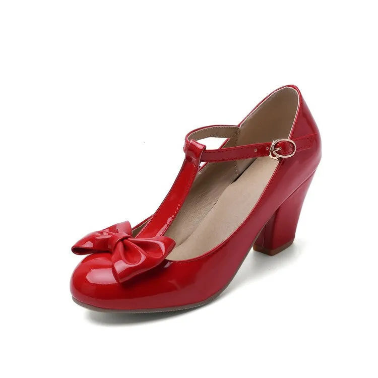 Sweet and Retro Chunky Heel Light Mouth T Strap Bow Elegant Heels